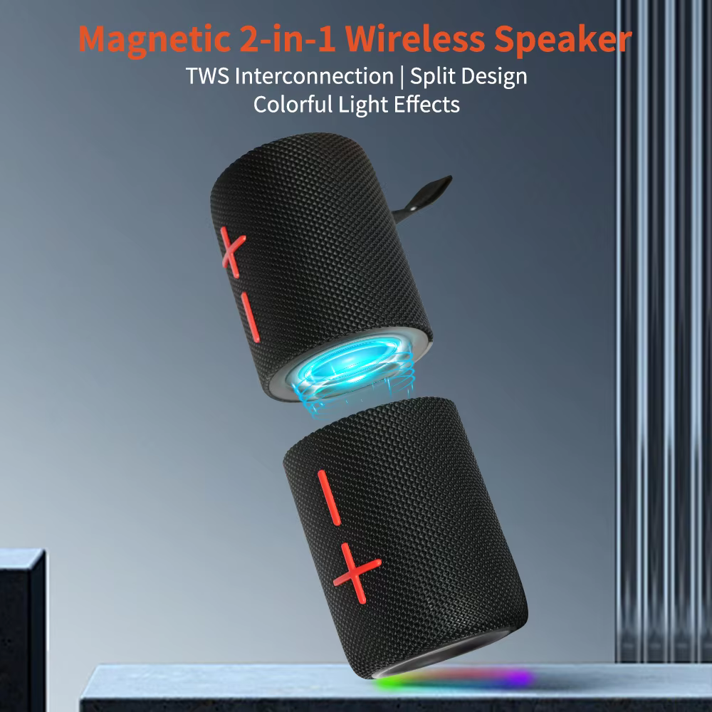 Cyboris S10 Wireless Speaker – Detachable TWS, 3D Stereo Bass, IPX6 Waterproof, LED Light, Portable.