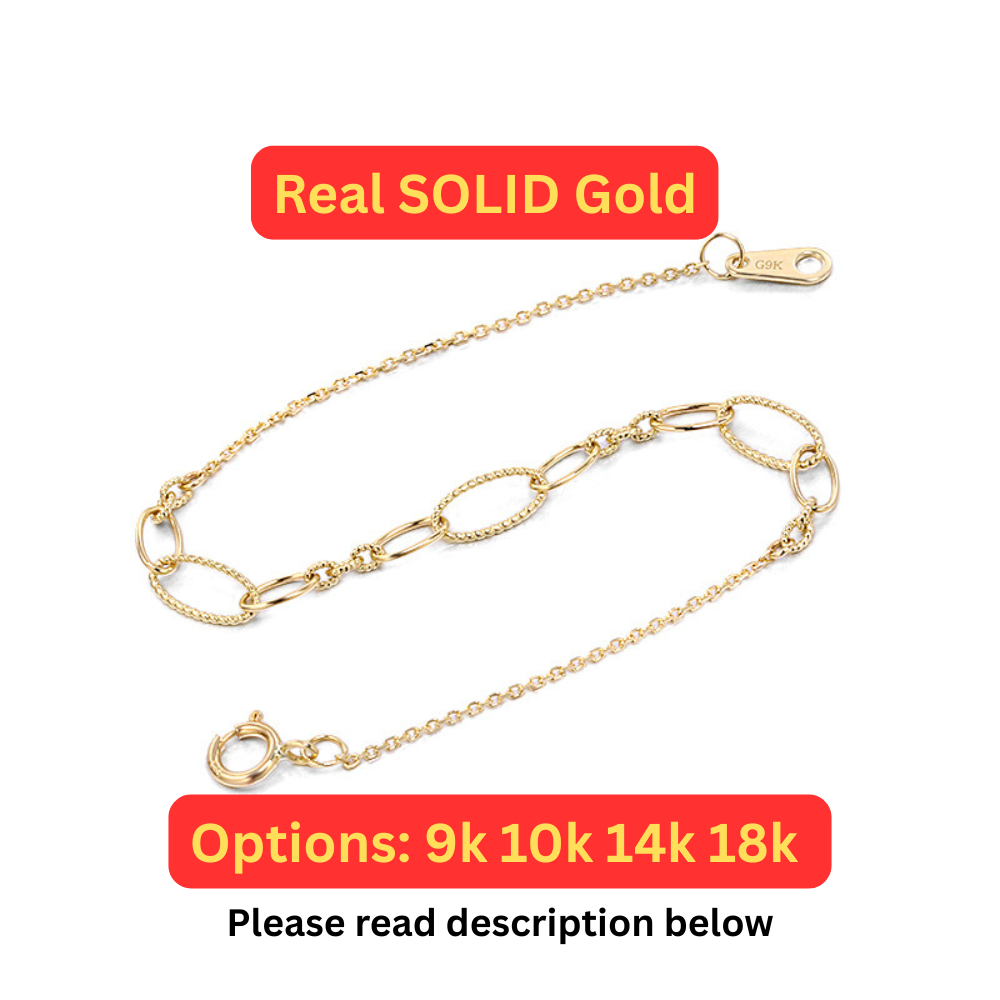 Real Solid Gold Bracelet 9K 10K 14K 18K for Women – Adjustable 16cm/17cm/18cm Fit – Daily Wear Chain
