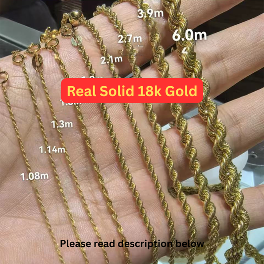 18K AU750 Solid Gold Rope Chain Necklace Unisex 18inches (45cm) Real Yellow Gold 1.08mm 1.14mm 1.3mm