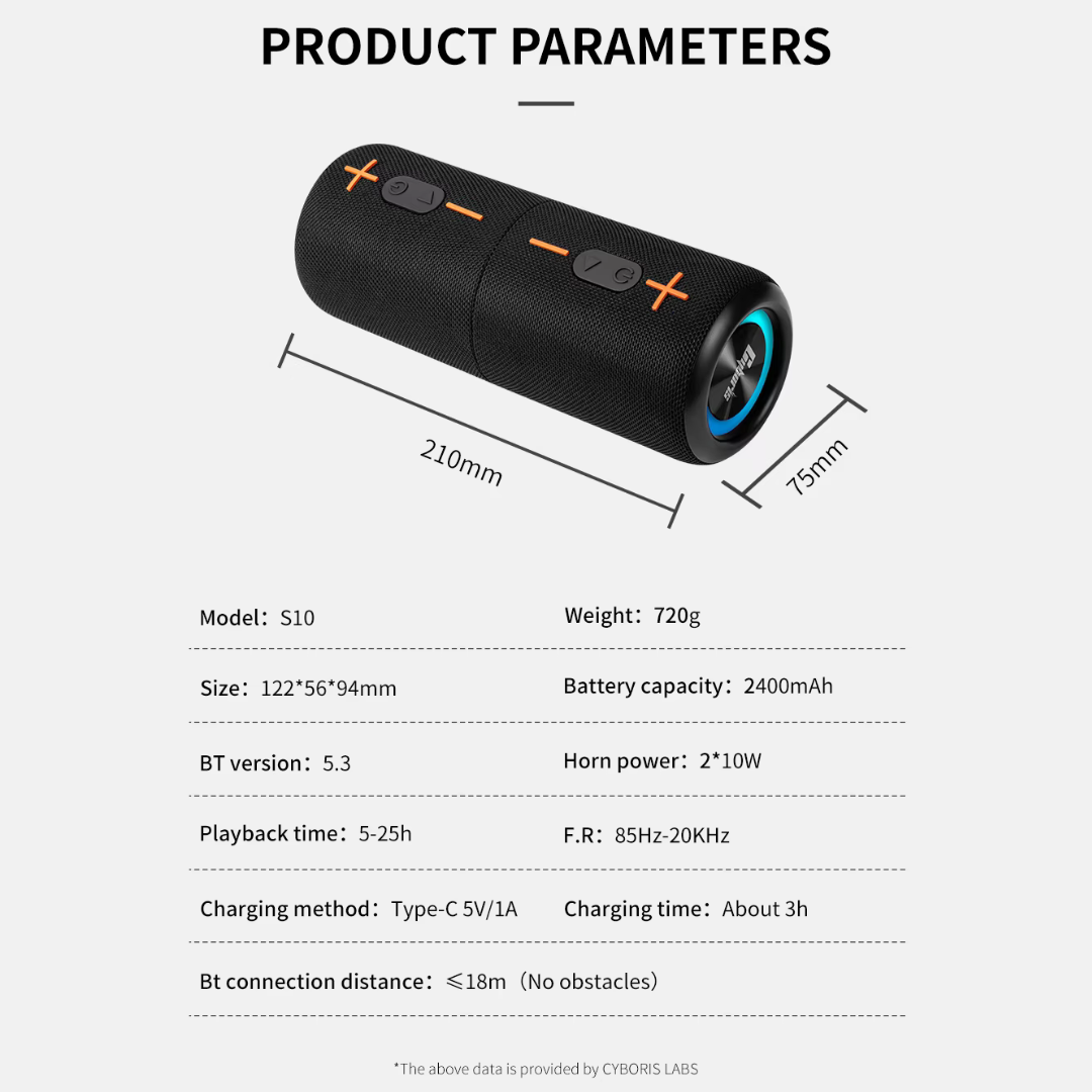 Cyboris S10 Wireless Speaker – Detachable TWS, 3D Stereo Bass, IPX6 Waterproof, LED Light, Portable.