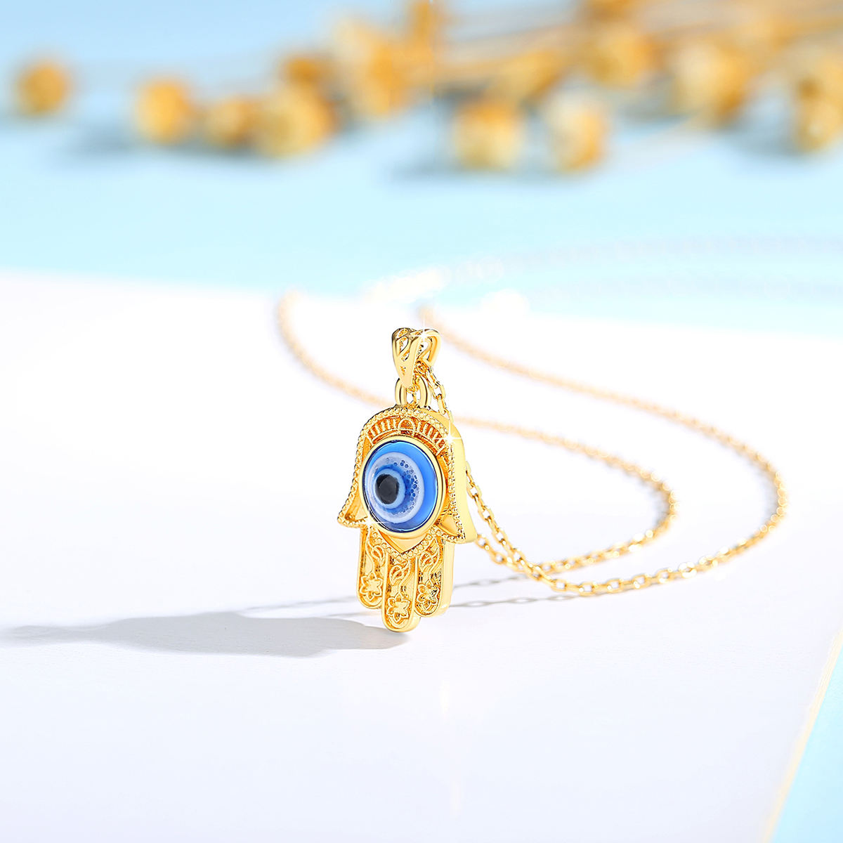 18K Real Gold Unisex Evil Eye Pendant - with FREE Gold-Plated 925S Sterling Silver Chain necklace