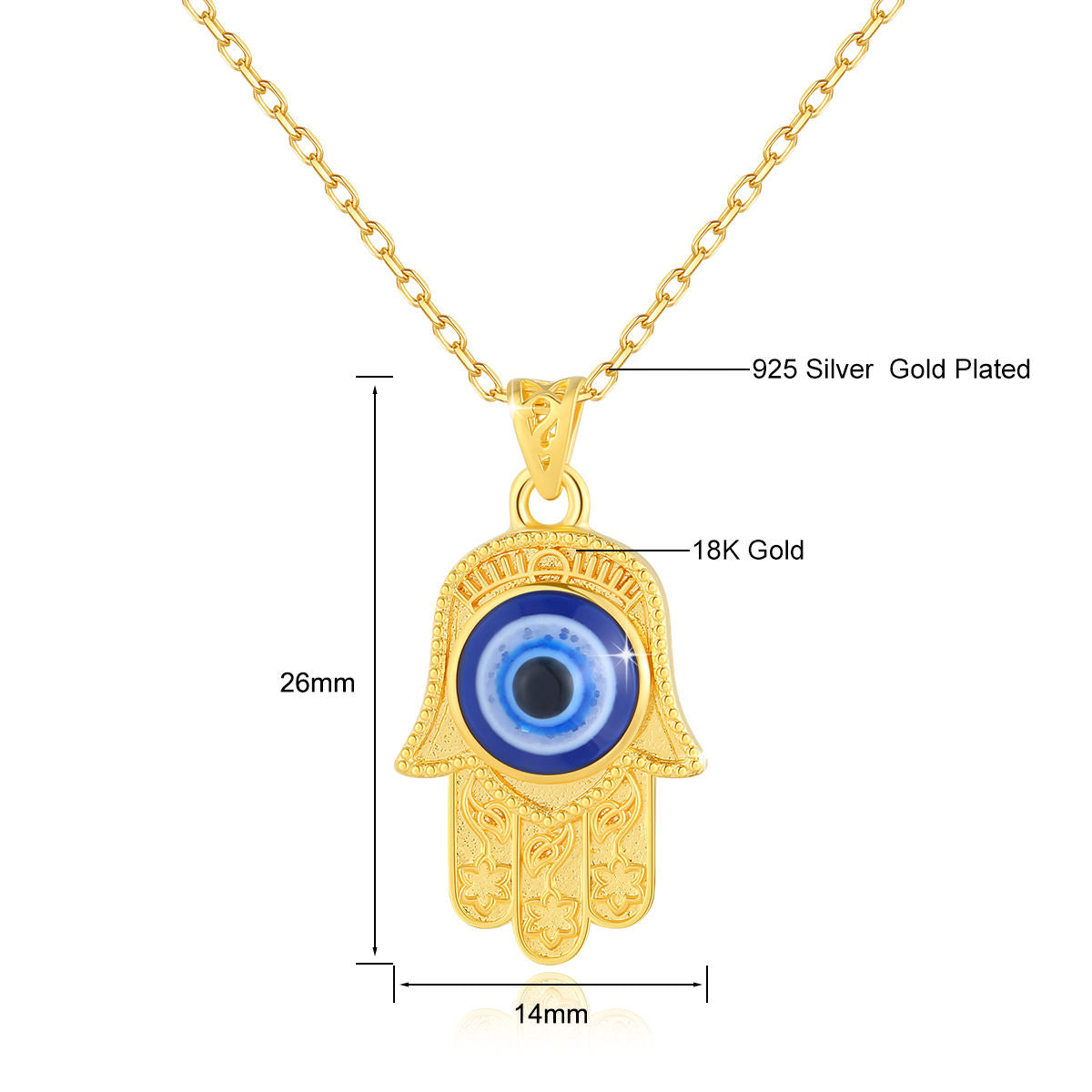 18K Real Gold Unisex Evil Eye Pendant - with FREE Gold-Plated 925S Sterling Silver Chain necklace